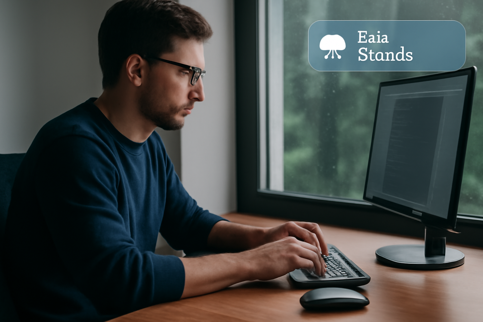 A photo of someone working at a desk with rain sounds playing, symbolizing focus and productivity.