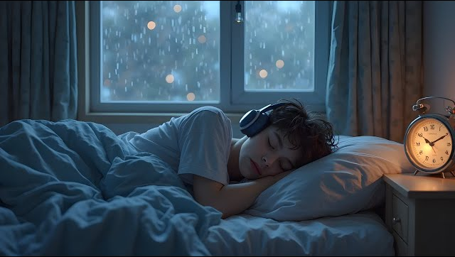  A calming photo of rainfall on a window, or someone sleeping peacefully with headphones.