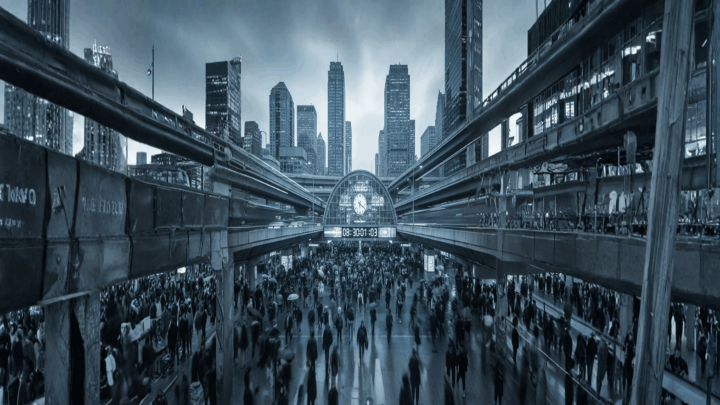 A bustling city with a large crowd walking under the glow of tall skyscrapers and a clock at a busy station during the morning rush hour.