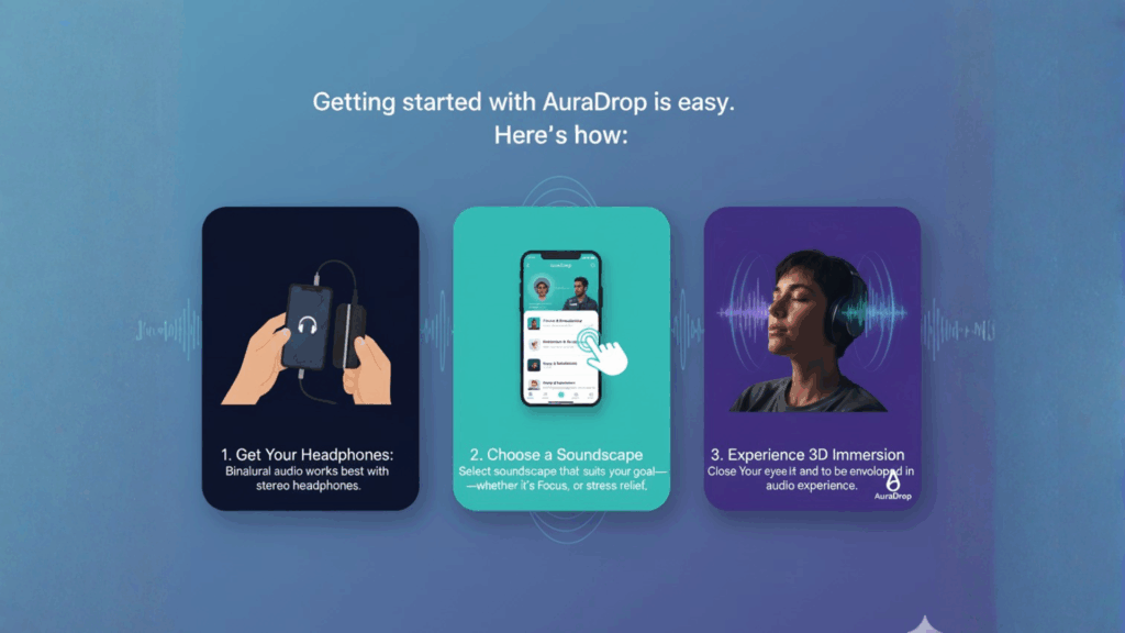 An infographic showing three steps to use AuraDrop: 1. Get Your Headphones: Binaural audio works best with stereo headphones. 2. Choose a Soundscape: Select the soundscape that suits your goal—focus, relaxation, or stress relief. 3. Experience 3D Immersion: Close your eyes and get immersed in the audio experience.