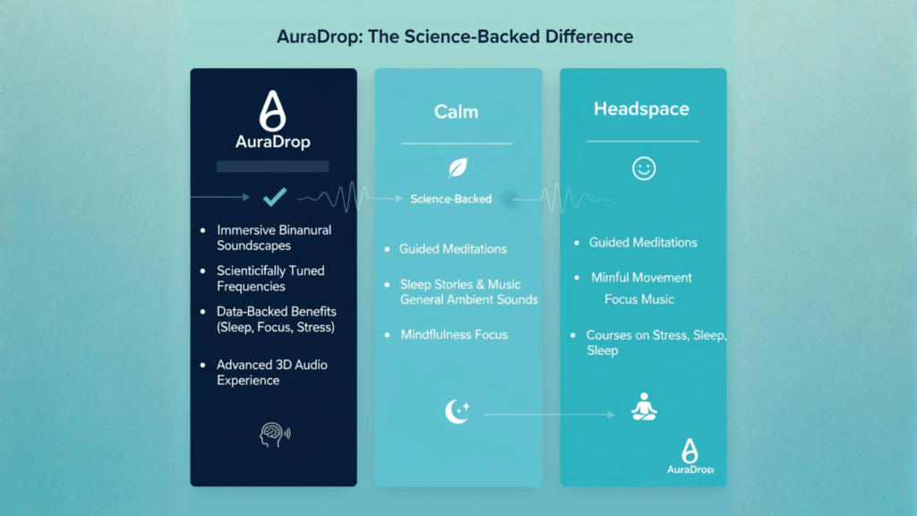 An infographic comparing AuraDrop with Calm and Headspace, highlighting the science-backed features.