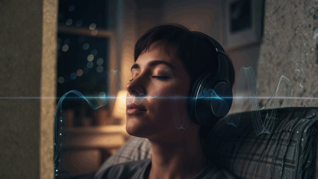 A person listening to binaural beats through headphones, with audio waveforms superimposed on the image, creating a sense of immersion and relaxation.