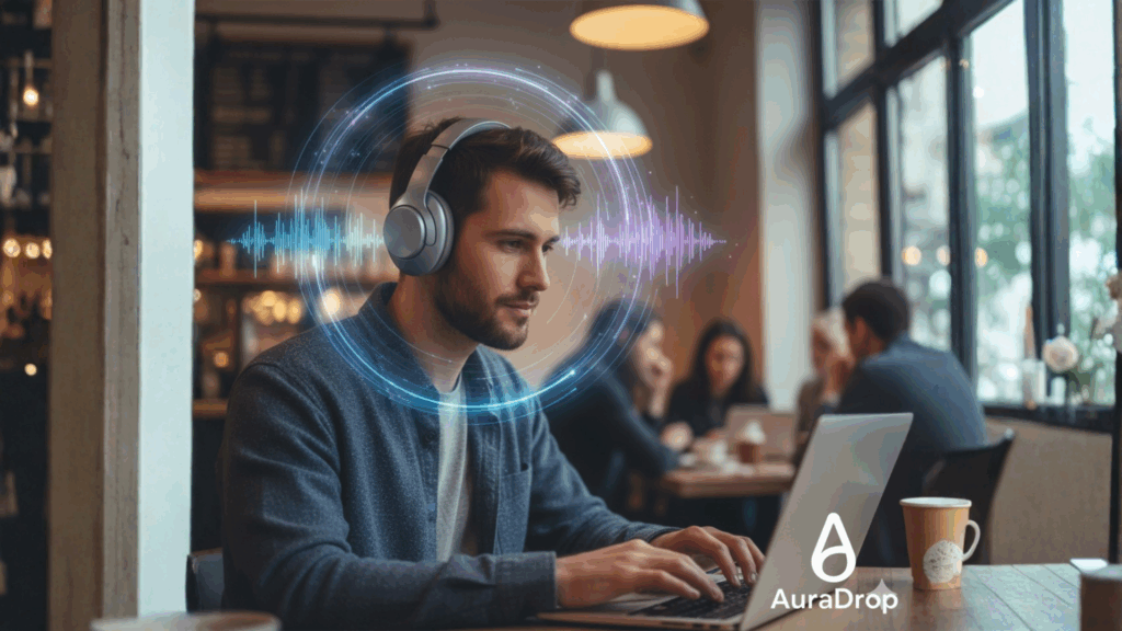 A person using headphones while working on a laptop in a coffee shop, with AuraDrop's binaural sound waves visualized around their head, indicating focus and concentration.