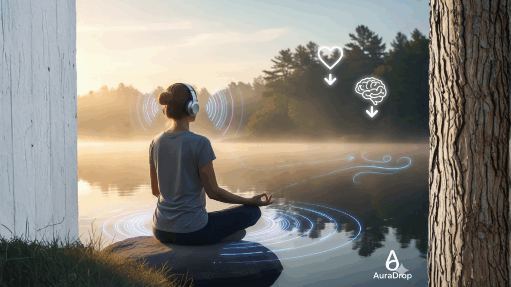 A person meditating by a peaceful lake with headphones on, surrounded by AuraDrop's binaural sound waves, with visual symbols representing heart and brain activity, indicating stress relief and relaxation.