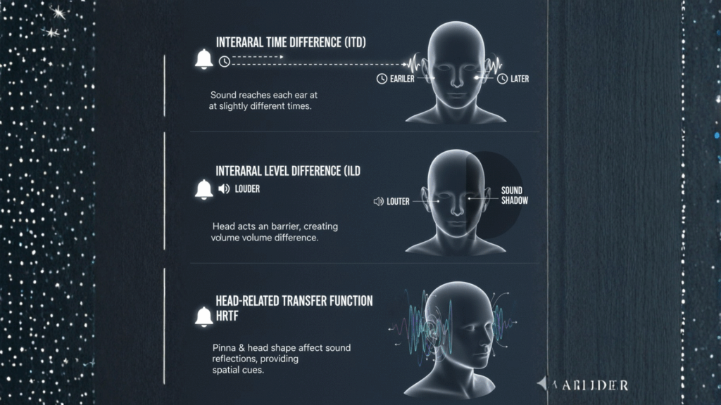 An illustration explaining the science behind binaural audio with key concepts: Interaural Time Difference (ITD), Interaural Level Difference (ILD), and Head-Related Transfer Function (HRTF)
