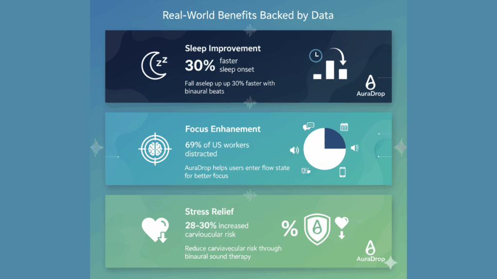 An infographic showscasing the real-world benefits of binaural beats: 30% faster sleep onset, improved focus for 69% of distracted US workers, and 28-30% reduced cardiovascular risk through stress relief via binaural sound therapy.